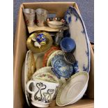 A Box of collectable odds to include Two Switzerland souvenir cups, Chinese brass bowl and various