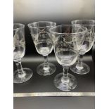 A Lot of four antique wine goblets etched with the story of fighting cocks, 'The Set To, The