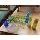 A Lot of various art glass items to include blue perfume bottle, Two Art deco design bobble bud