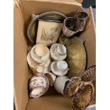 A Box of collectables to include silver plated trays, Victorian part tea sets etc