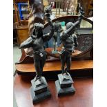 A pair of 19th century spelter figurines sat upon marble/ slate bases. [Both As Found] [60CM IN