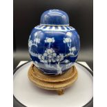 An Antique Chinese blue and white cherry blossom tree design preserve pot with lid. Double blue ring