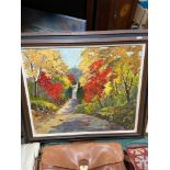 An original oil on canvas depicting autumn road scene Titled 'Fall Caledon' signed E. Mellish