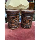 A Pair of antique Chinese carved paneled tobacco jars with lids. Made from Bamboo.