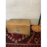 Antique pine dome top trunk together with a poker work milking stool.