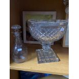 A Large cut crystal centrepiece bowl together with an Irish three ring cut decanter [A/F] [Bowl 28cm