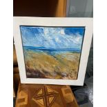 An original artwork on canvas produced by Yvonne Hutchinson, depicting coastal scene. Fitted in a