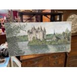 An Antique oil painting on canvas depicting castle and loch scene. Signed [60X120CM