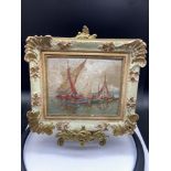An original French art work oil painting depicting fishing boats. Details of the artist and title