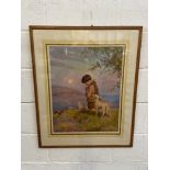 Margaret W. Tarrant Coloured print of a young boy praying surrounded by wildlife [Frame: 81 X 66cm]