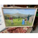 An original oil painting depicting cricket game. Signed Thomas. [Frame measures 54x80cm]