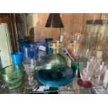 A Shelf of old glass to include Georgian shot glass, Glass etched cockerel glass, Various Murano