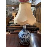 A Chinese Blue and white design table lamp designed with a hardwood base. [As Found] [72CM IN