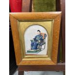 Antique 19th century Chinese pith rice paper gouache painting, Emperor seated in a dragon robe