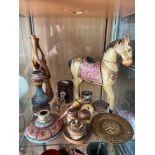 A Shelf of Indian collectables to include hand painted wooden horse, Candle sticks, Paper Mache