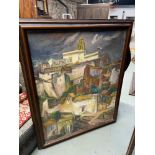 A Large oil painting on canvas depicting Foreign outskirt of a village. Fitted with a dark wood