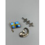 Swedish silver and enamel flag brooch, Sterling silver Denmark Georg Jensen brooch [as found] and