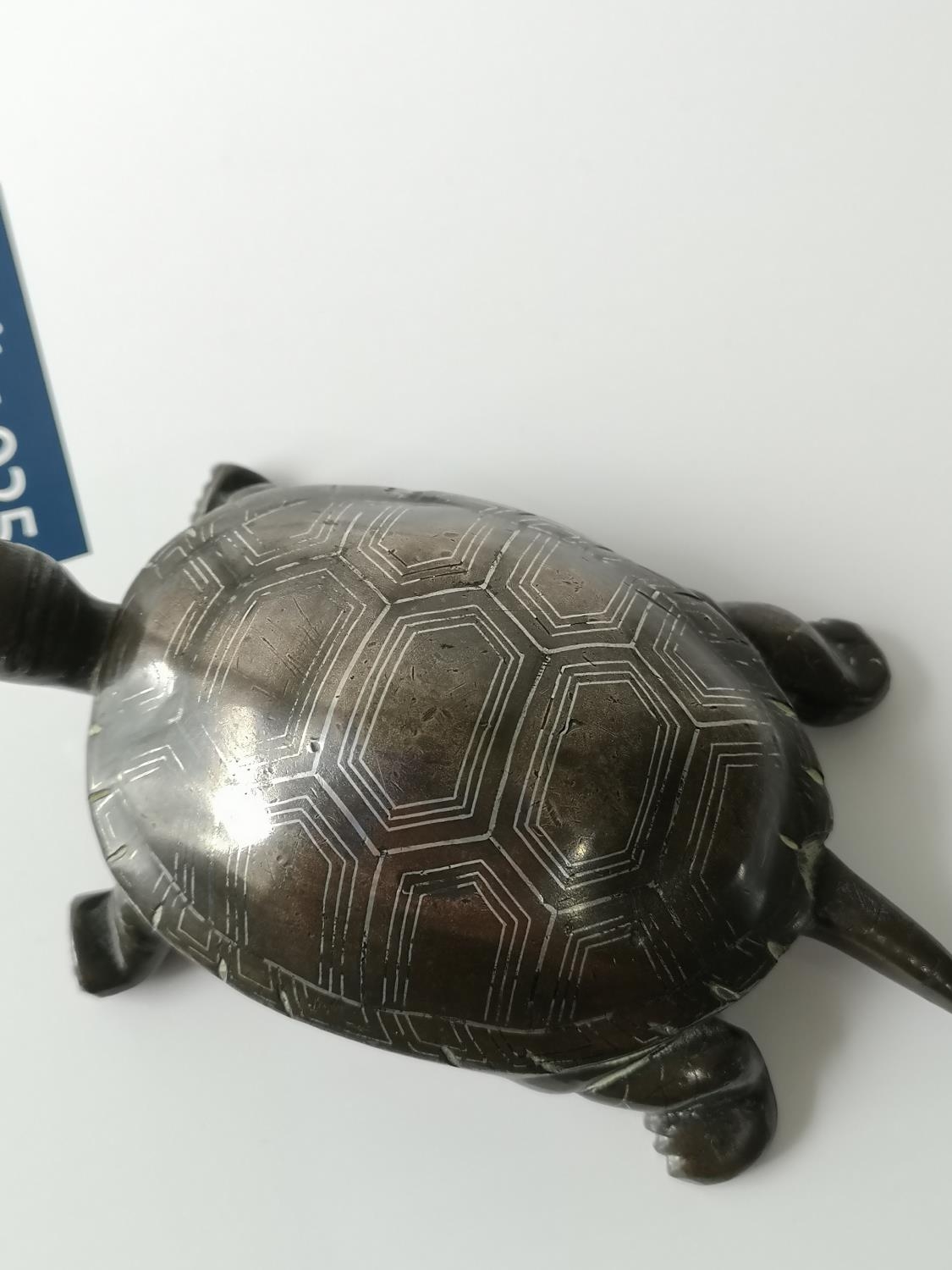 An antique heavy bronze turtle sculpture with silver shell inlay. [3.5x12.5x7cm] - Image 2 of 5