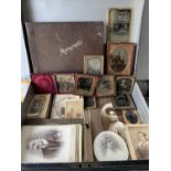 An antique metal document box with key containing various Victorian and later photographs to