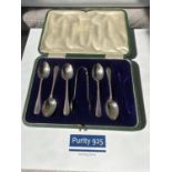 5 Sheffield silver tea spoons & matching sugar tongs [Cooper & Brothers & Sons Ltd] [65g]