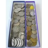 TWO TRAYS CONTAING VARIOUS MIXED COINS TO INCLUDE ONE POUND, ONE SHILLING, SIXPENCE, HALF CROWN, TWO