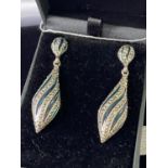 A Pair of silver, marcasite and enamel drop earrings. [4.7cm in length]