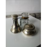 A Birmingham silver pepper pot, London silver preserve pot & Antique cut glass & brass mounted ink