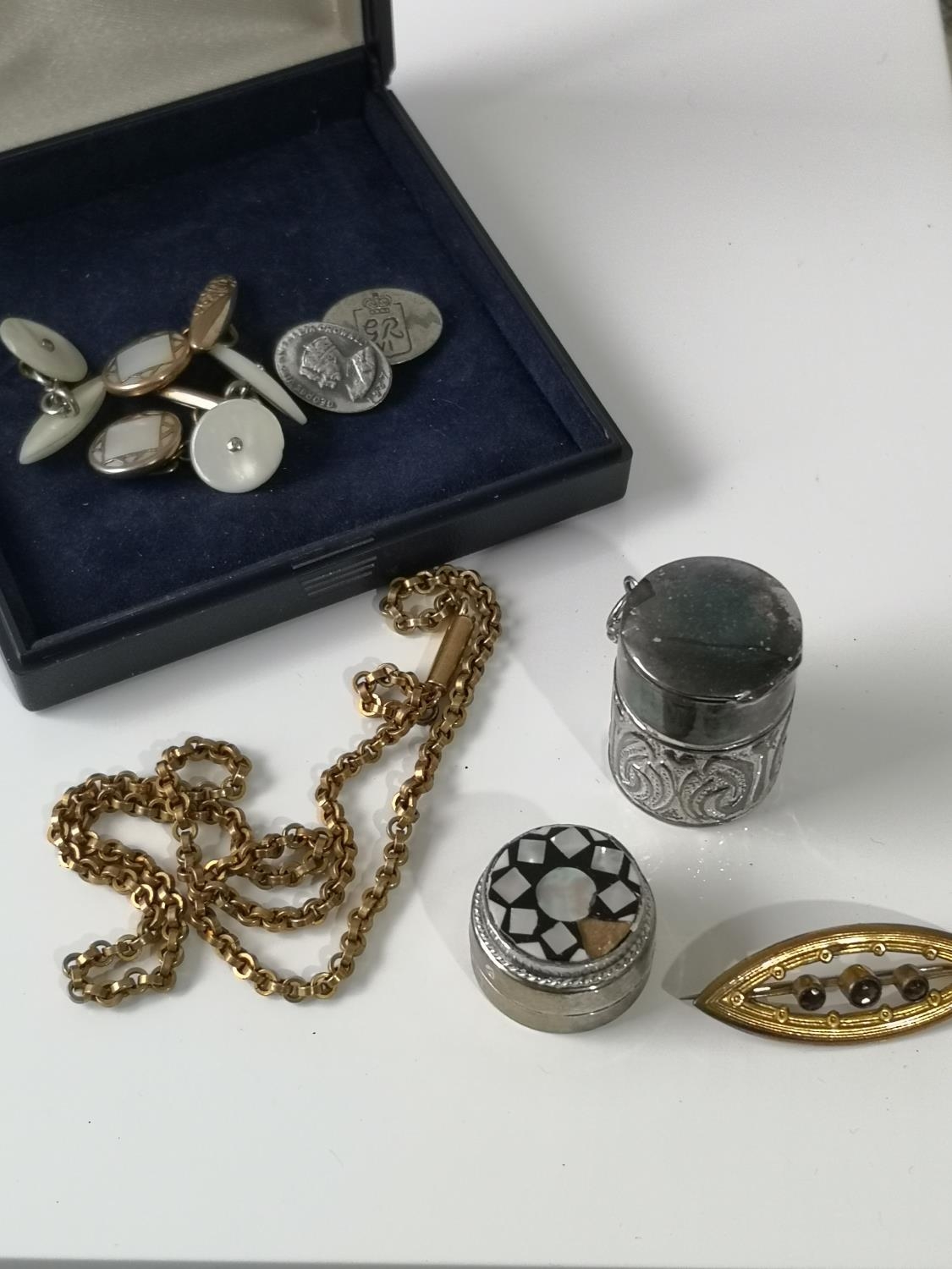 A Yellow metal & three amethyst brooch, gilt metal necklace, cufflinks, silver snuff box pendant and