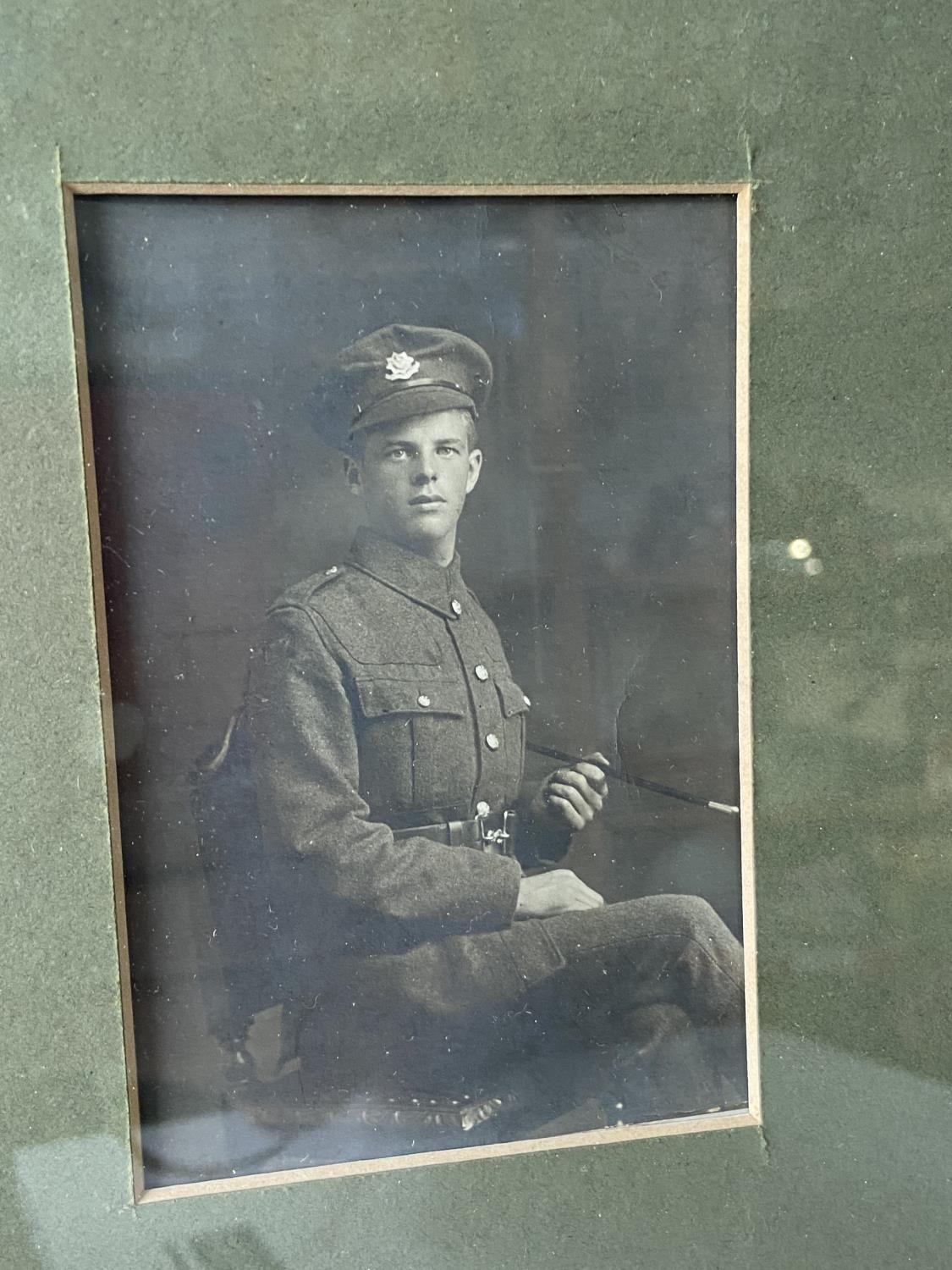 A Framed WWI War & Victory medals with photograph of officer. Medals belong to 74571 PTE. J. E. P. - Image 3 of 6