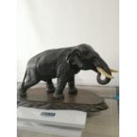 A LARGE ANTIQUE JAPANESE MEIJI PERIOD BRONZE ELEPHANT SCULPTURE FITTED WITH IVORY TUSKS & COMES WITH