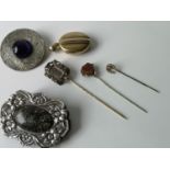 A Lot of three antique hat pins, gilt metal locket, arts & crafts blue stone brooch & a plated