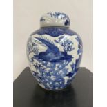 A LARGE CHINESE BLUE AND WHITE LIDDED PRESERVE POT. DETAILED WITH VARIOUS BIRD AND FLOWER DESIGNS.