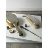 Two Chester silver hand brushes, Chester silver button hook, Birmingham silver thimble, brass &