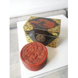 A Chinese red cinnabar preserve pot together with a Chinese lacquered card box with brass mounts.