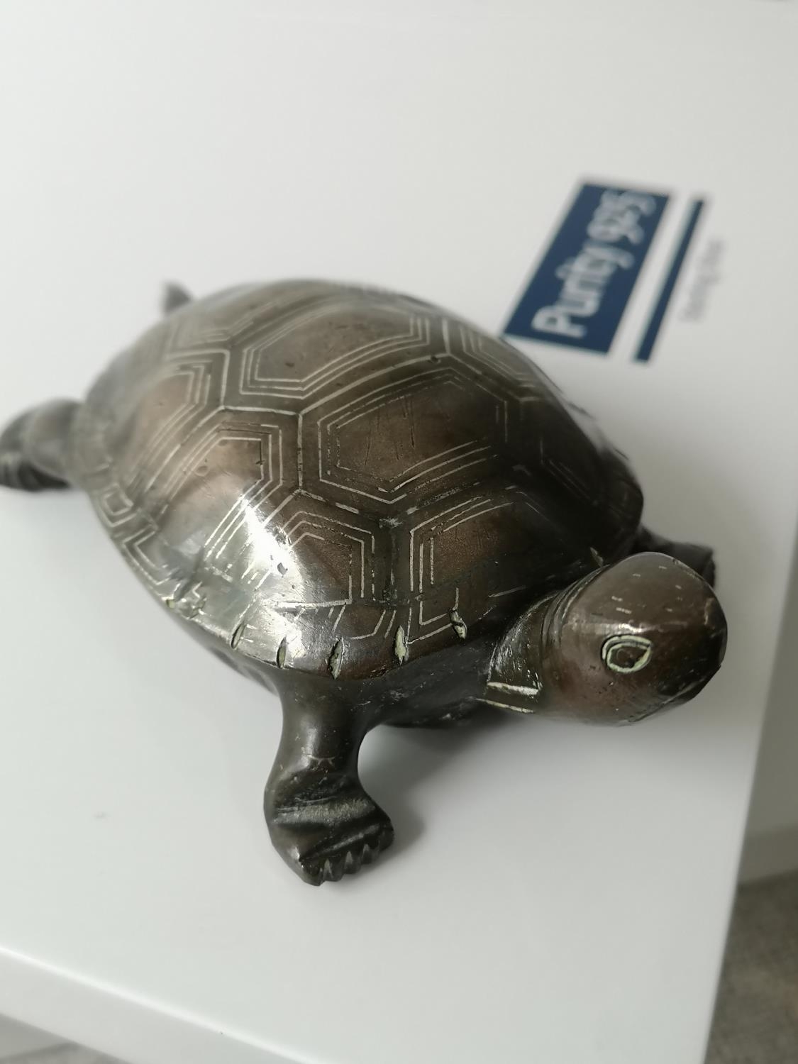 An antique heavy bronze turtle sculpture with silver shell inlay. [3.5x12.5x7cm] - Image 4 of 5