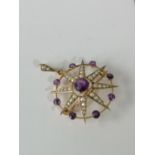 A LATE VICTORIAN SUFFRAGETTE 9CT GOLD MARKED, PEARL AND AMETHYST STAR AND CIRCLET BROOCH/PENDANT.