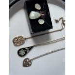 4 various silver necklaces & pendants to include; 925 silver & mother of pearl pendant & earring set