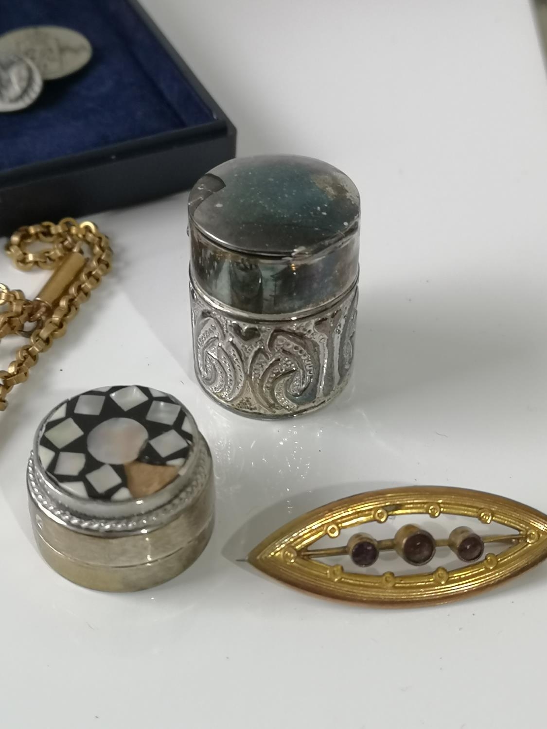 A Yellow metal & three amethyst brooch, gilt metal necklace, cufflinks, silver snuff box pendant and - Image 2 of 2