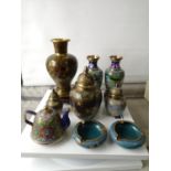 A Nice collection of Chinese cloisonné ware to include large ornate vase with wooden carved base.