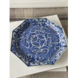 An antique Chinese Blue & Pale blue glazed bird design octagonal drip bowl. Showing character