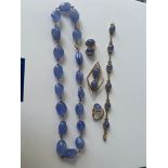 A FIVE PIECE NECKLACE, RING, BROOCH, BRACELET AND EARRING SET. ALL BEAUTIFULLY SET WITH CHALCEDONY
