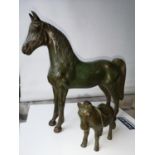 A Large & heavy Chinese Bronze horse sculpture together with a smaller bronze horse. [25x28x7cm] [