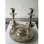 Antique silver plate on copper oriental design inkwell pot and matching candle sticks produced by