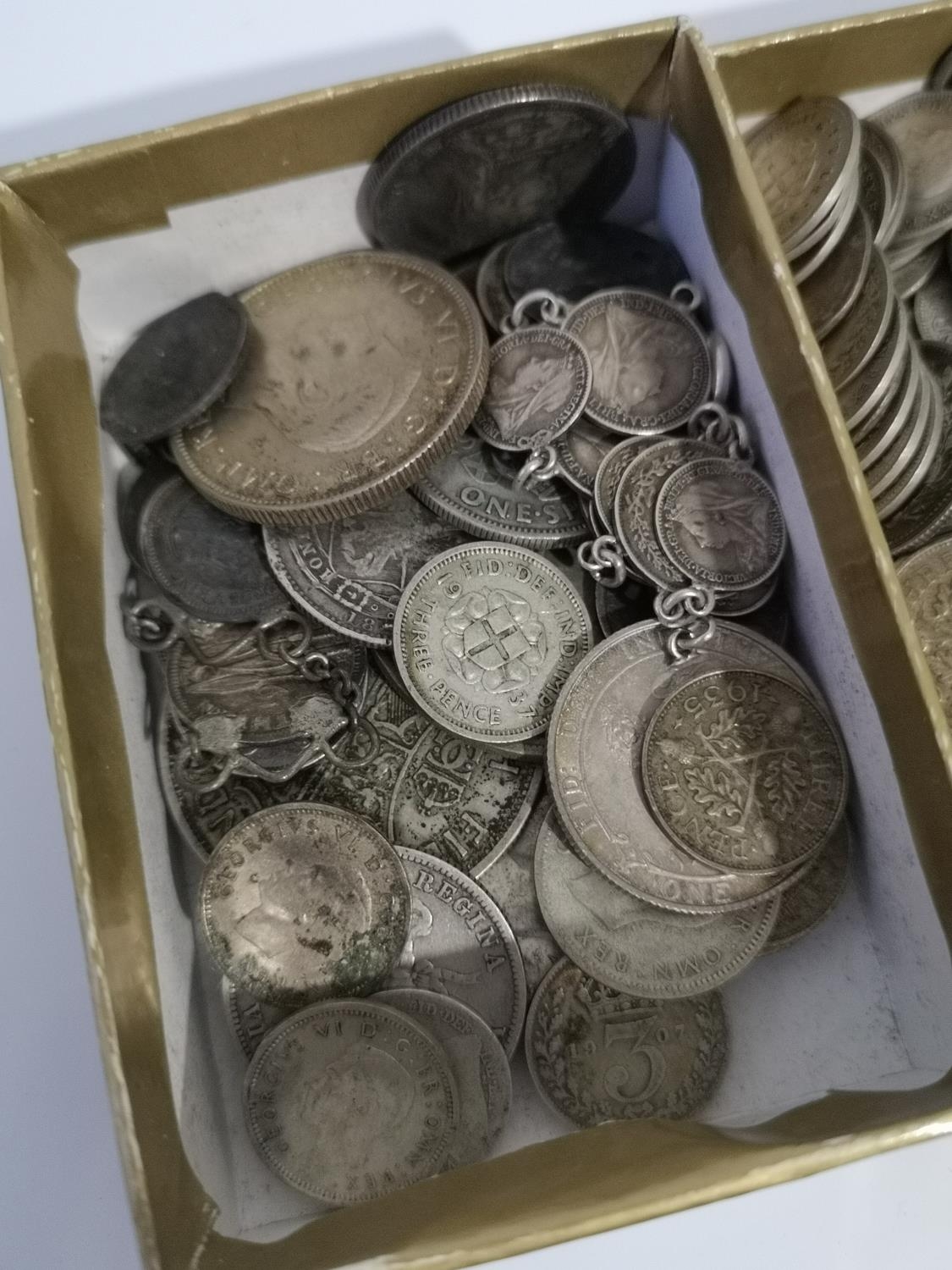 A COLLECTION OF SILVER 19TH AND 20TH CENTURY COINS TO INCLUDE THREE PENCES, VICTORIA COINS, ONE - Image 2 of 3