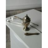 A Birmingham silver sugar pot, two silver handle items & Sheffield silver sugar tongs.