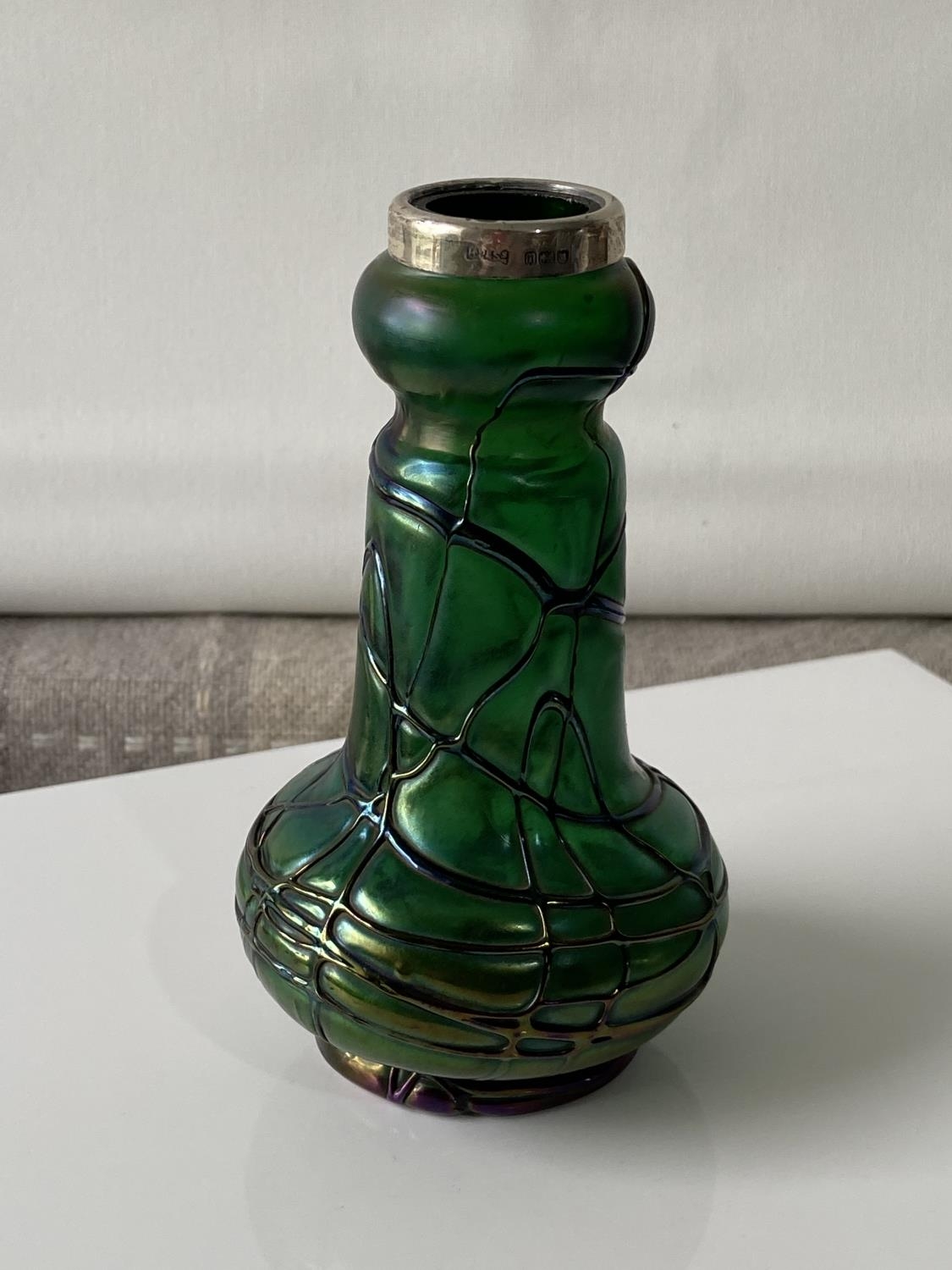 An art nouveau Loetz art glass vase finished with a London silver collar [height 13cm]