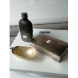 Antique James Dixon & Sons pewter and leather hip flask, silver plated cigar box & mother of pearl &