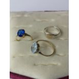 Two antique 9ct gold rings set with blue stones, [One band damaged] together with a 9ct gold &