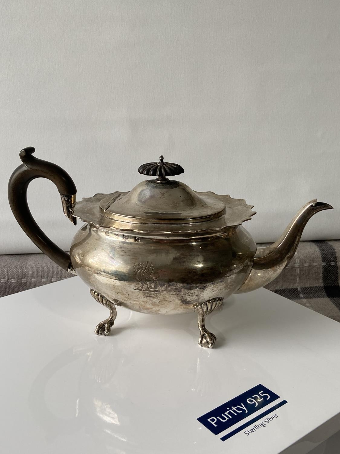 A Birmingham silver teapot supported on claw & ball feet, engraved to the side showing a dragon - Image 2 of 14