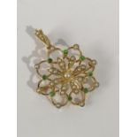 A LATE VICTORIAN 15CT GOLD SUFFRAGETTE, PEARL AND DEMANTOID GARNET SET OPEN PANEL BROOCH/PENDANT.